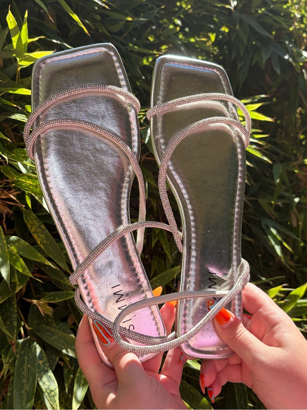 Silver Strappy Square-Toe Sandals with Slim Rhinestone Straps